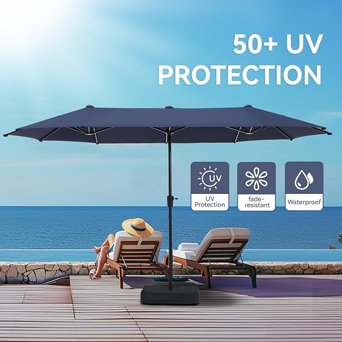 GREEN PARTY 13ft Rectangle Patio Umbrella, Double Sided Outdoor Table Umbrella with Crank & 1.5" Pole, Large Market Umbrella for Poolside Garden Deck Backyard, Navy Blue