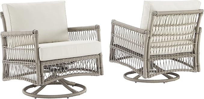 Crosley Furniture Thatcher 2-Piece Swivel Rocker Outdoor Chair Set, Wicker Patio Chairs for Porch, Deck, Driftwood with Creme Cushions