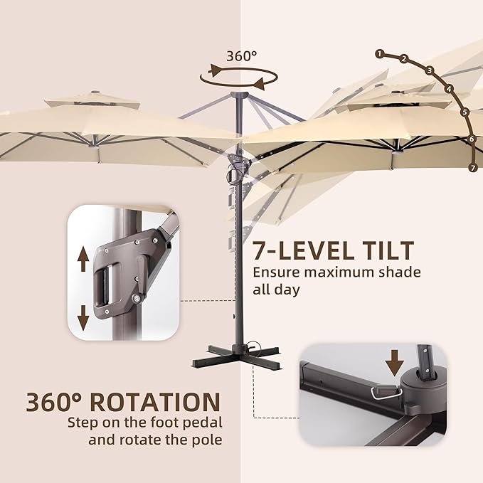 9 X 12 FT Cantilever Outdoor Patio Umbrella with LED Lights Large Heavy Duty 360° Rotation Double Top Offset Rectangular Umbrellas for Backyard Garden Pool Outside Deck, Beige