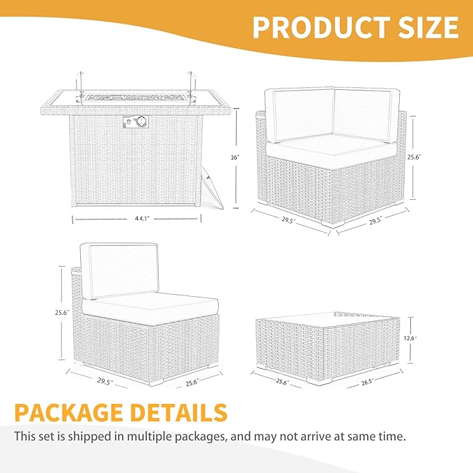 LayinSun 15 Pieces Patio Furniture Set with Fire Pit Table, Black Rattan Modular Sectional Patio Conversation Sofa Set