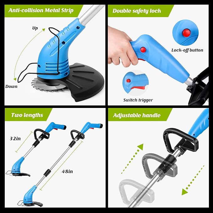 Lipoliftco Weed Wacker Cordless, 12V Battery Powered Lawn Edger, Grass Cutter with 2 * 2000mah Rechargeable Batteries and 3 Types of Blades, Lightweight Electric Mower for Garden and Yard Lawn