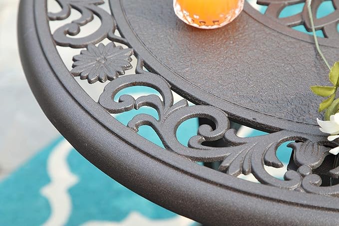 MFSTUDIO Cast Aluminum Patio Bistro Table, Small Patio Table with Umbrella Hole, Outdoor Round High Top Table, 32'' End Side Table for Lawn, Garden, Brown