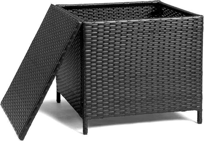 HOMSUPPLIE'S 27 Gallon Outdoor Side Table with Storage Space, Waterproof Wicker Patio Deck Box, Rattan End Table with Hidden Storage for Pool Towels, Toys & Garden Tools(Black,Square)