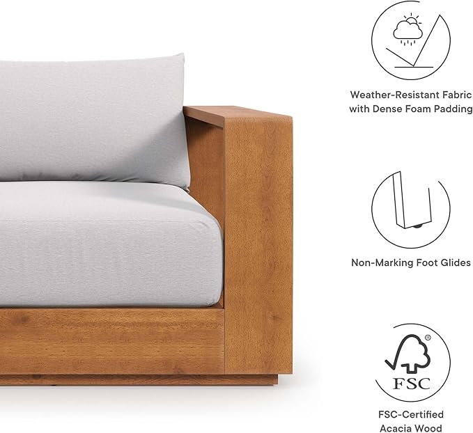 Modway Tahoe Acacia Wood 5-Piece Outdoor Patio Furniture Set in Natural Light Gray - Includes Lounge Chair and Sofa with Weather-Resistant Cushions, Plus Coffee Table