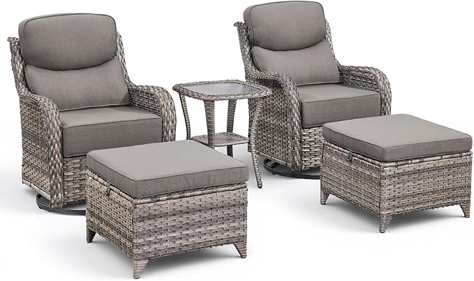 Luxury 5 Pieces Outdoor Patio Furniture Set-All Weather Wicker Outdoor Furniture with Swivel Rocker Patio Chairs 6-inch Extra Thick Cushions Wicker Conversation Set for Garden Porch(Grey/Grey)