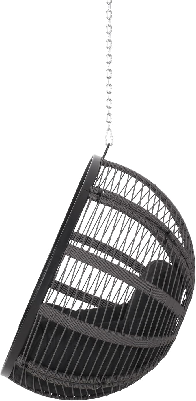 Christopher Knight Home Solis Patio Hanging Chair with 8ft Chain, Round Basket Shape, Rope Weave Hammock, Hanging Reading Sofa, Swing Chairs with Cushion 250lbs for Garden Balcony Yard, Black