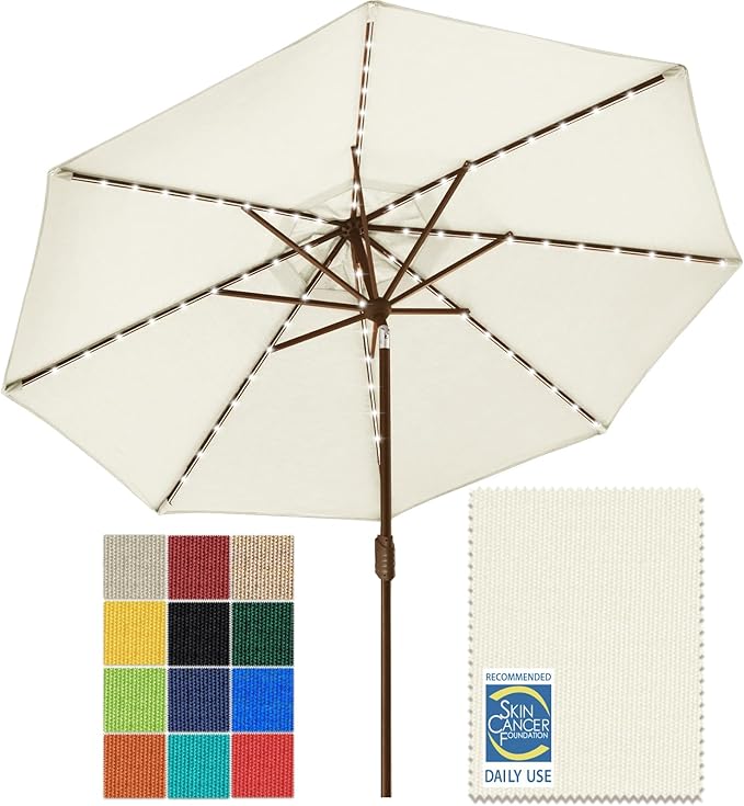 EliteShade USA 10-Year-Non-Fading 9ft Market Patio Umbrella, Commercial Grade Table Sun Umbrella with 80 Solar LED Lights, Crank Open, Windproof & UPF 50+ UV Protection for Garden, Deck, Pool, Backyard, Natural