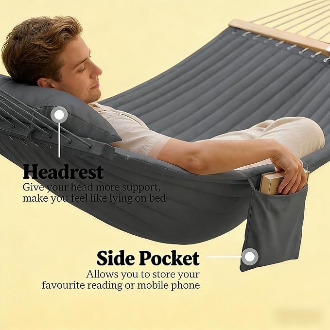 2-Person Tree Hammock Outdoor, Portable Double Hammock Without Stand, Detachable Headrest Magazine Pocket, 450 lbs Capacity, Camping Patio Backyard Indoor Outdoor Hammock Bed (Gray)