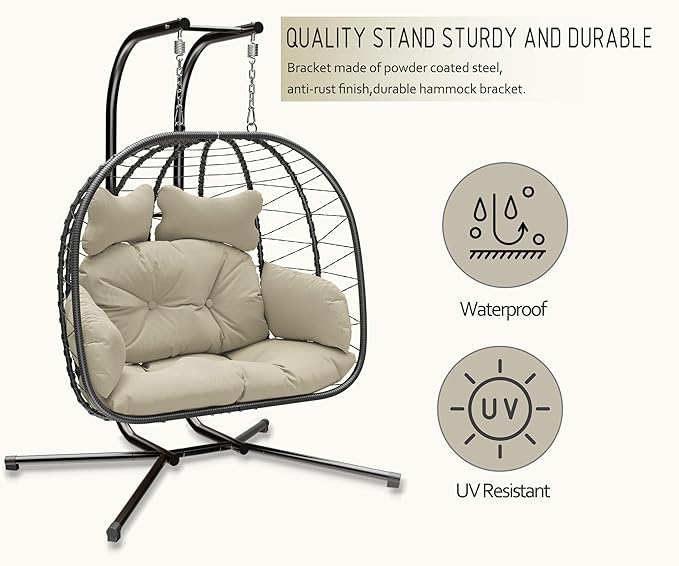Double Egg Chair wth Stand Hammock Swing Chair Foldable Hanging Loveseat, UV Resistant Removable Cushions, 700LBS Capacity