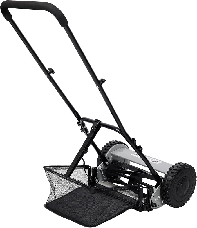 14-Inch 5-Blade Push Reel Lawn Mower with Grass Catcher Steel Gray,Eco-Friendly Manual Grass Cutter for Small to Medium Yards,Precision Cutting & Easy Maneuverability