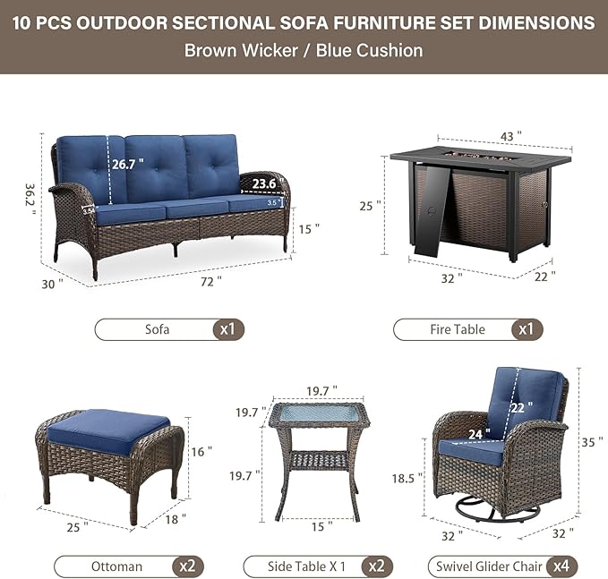 Belord Expansive 10 Pieces Outdoor Patio Furniture Set with 43” Propane Fire Pit Table, Patio Conversation Set with Swivel Rocker Outdoor Chairs Set of 4 and Sofa, Ottoman and Wicker Side Table Brown