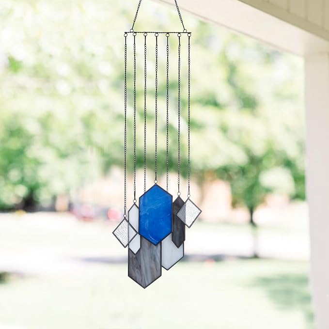 Stained Glass Window Hanging, Crystal Suncatcher, Blue-Green | Rswardeleco Stained Glass Window Hanging, Crystal Suncatchers for Windows, Blue Green Home Wall Art, Gift for Couples