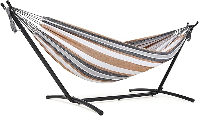 Mondeer Hammock with Stand, Double Fabric Camping Hammock with Metal Frame Carrying Bag up to 200kg for Camping Travel Patio Outdoor Garden, Yellow brown