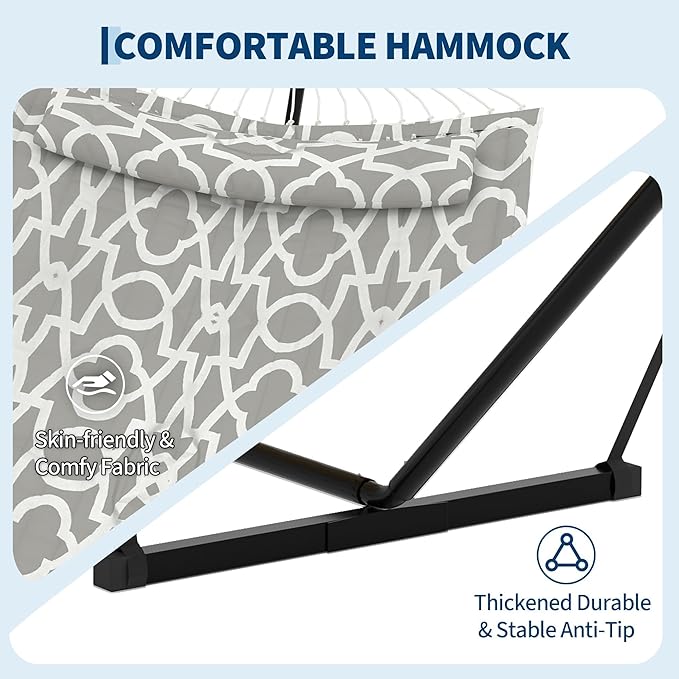 GarveeLife 2 Person Double Hammock with Stand and Pillow - 450 Lbs Capacity Heavy Duty Hammock with Balance Rope, Large Outdoor Hammock for Patio Backyard Poolside