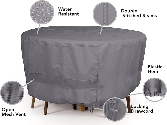 Covermates Elite Outdoor Round Dining Table & Chair Set Cover – All-Weather Water-Resistant Polyester, Mesh Ventilation, Adjustable Drawcord & Buckle Straps for Patio, 60DIAMETER x 30H, Charcoal