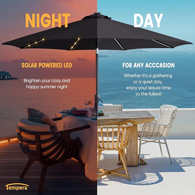Tempera Solar Patio Umbrella 40 LED Lighted Outdoor Umbrella Table Market Umbrella with Push Button Tilt and Crank, Solar Umbrella with Sturdy Pole&Fade Resistant Canopy, Easy to Set