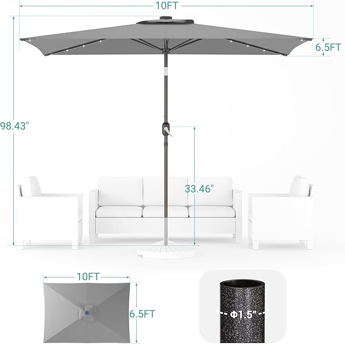 Rectangle Patio Umbrella with Solar Lights, 10 x 6.5ft Rectangular Outdoor Umbrella Table Market Patio Umbrella with Push Button Tilt and Crank for Garden, Deck, Backyard, Pool