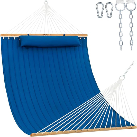 Lazy Daze 12 FT Double Quilted Fabric Hammock with Spreader Bars and Detachable Pillow, 2 Person Hammock for Outdoor Patio Backyard Poolside, 450 LBS Weight Capacity, Dark Blue/Natural