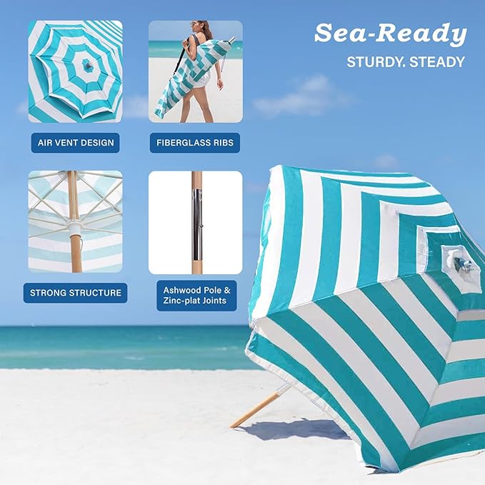 AMMSUN 7.5ft Heavy Duty HIGH Wind Beach Umbrella Commercial Grade Patio Beach Umbrella with Air Vent Ash Wood Pole & Carry Bag Turquoise White