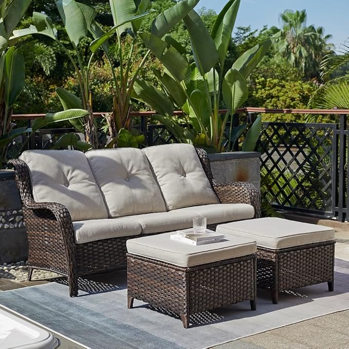Rilyson Outdoor Couch Wicker Patio Sofa - 3 Seat Rattan Sofa with Deep Seating and Comfortable Cushions for Outside Porch Deck Balcony Garden(Brown/Beige)