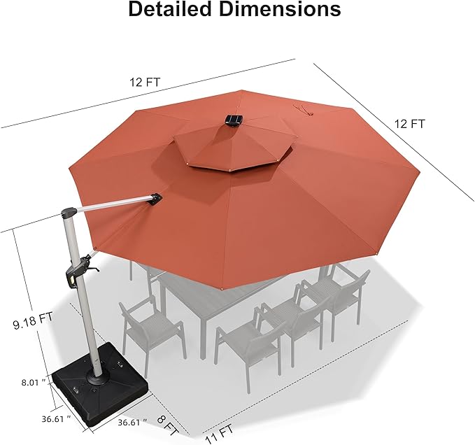 PURPLE LEAF 12ft Patio Umbrella With Base Solar powered LED Cantilever Umbrella with LED lights Windproof Outdoor Offset Umbrella for Garden Deck Pool Patio, Brick Red