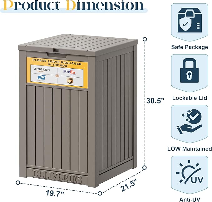 Package Delivery Box for Outside With Sign, Lockable Outdoor Storage Box Waterproof Deck Box, Large Double Wall Resin Parcel Drop Boxes, 48 Gallon, Classic Gray