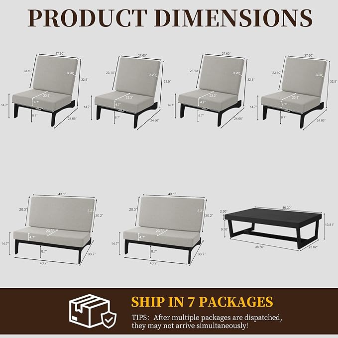 UIXE 7 Pieces Black Wood Patio Furniture Sets, 2 Patio Loveseat, 4 Patio Bistro Chair, All Weather Outdoor Sectional Sofa Furniture Backyard Conversation Set with Coffee Table - Light Camel