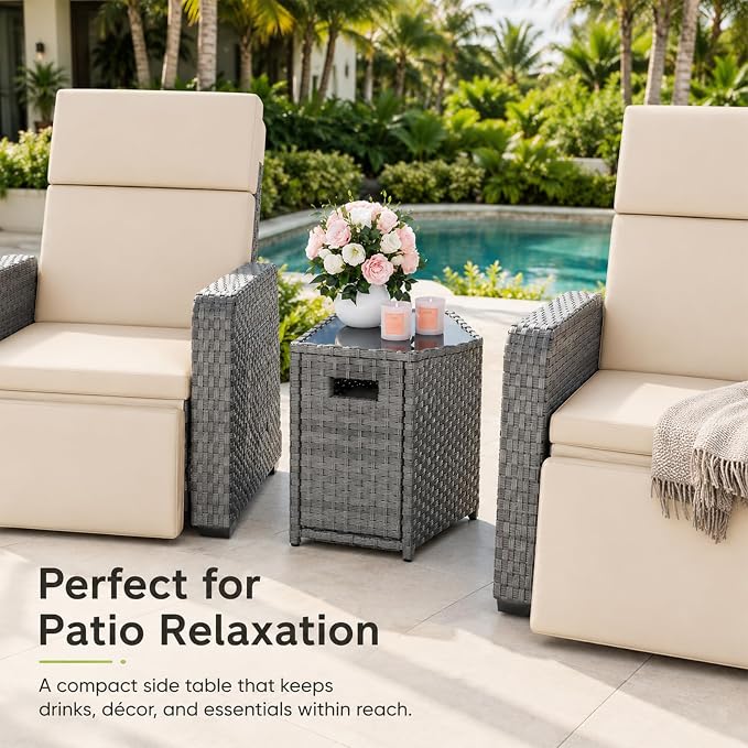 Restland Outdoor Wicker Table - Grey Rattan Coffee Table with Tempered Glass Top & Storage Cabinet, Multi-Functional End Table for Patio, Deck, Porch, 300LBS Load Bearing