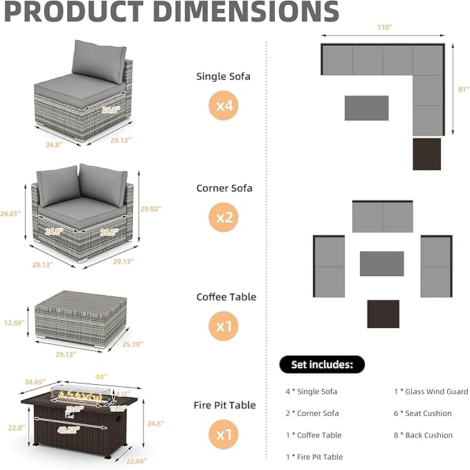 HOMREST 8 Pieces Outdoor Patio Furniture Set with 44" Propane Fire Pit Table, PE Rattan Sectional Sofa Conversation Set w/Adjustable Bracket,Wood Coffee Table for Backyard (Grey)