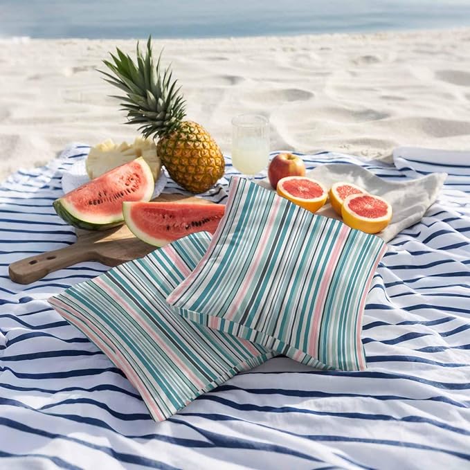 Outdoor Waterproof Throw Pillow Covers Set of 2 Turquoise Blue Striped Pillowcases 16x16 Inches Geometric Pink Stripes Decorative Pillows Cushion Case Patio Pillows for Couch Bed Chair Garden