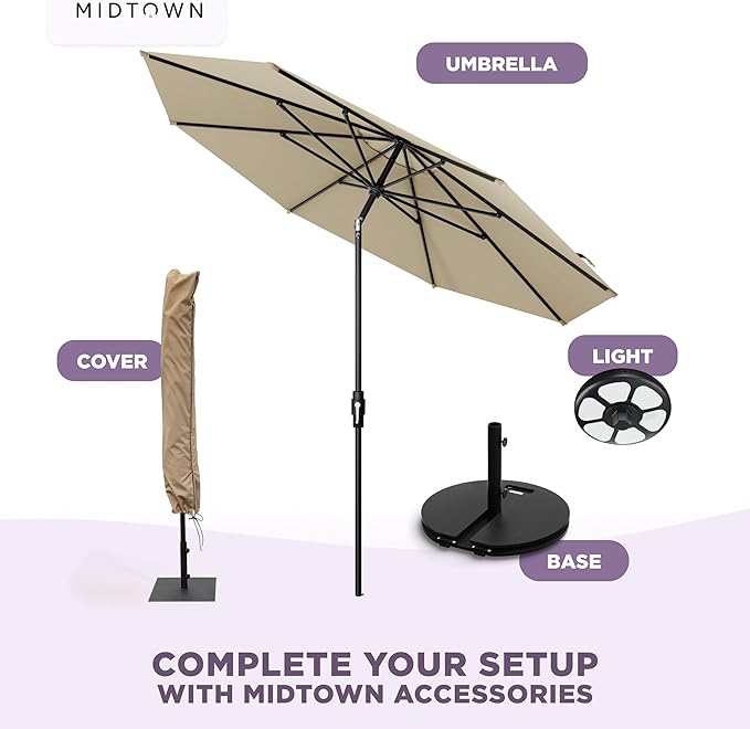 Midtown Umbrellas – The Swilt 10 Ft Patio Umbrellas with 360° Swivel & Tilt Mechanism, 8 Fiberglass Ribs & Terylast Polyester Fabric for Backyard, Deck, Pool & Cafes - Chestnut Canopy, Black Pole