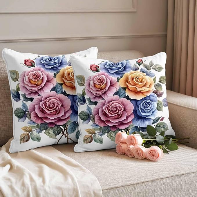 Spring Rose Outdoor Waterproof Throw Pillow Covers Set of 2, 16"x16", Botanical Watercolor Pink Orange Blue Flower Leaf Decorative Pillow Covers Outside Cushion Case for Patio Porch Garden