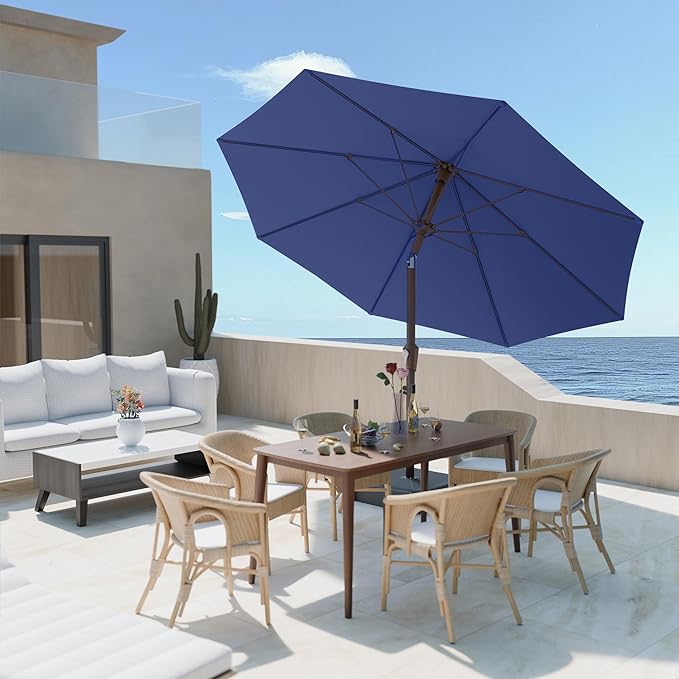 PatioKingdom Auto-Tilt 9FT Patio Umbrella Outdoor with 8 Sturdy Fiberglass Ribs,Market Table Umbrella for Pool,Backyard,Deck and Garden (Navy)