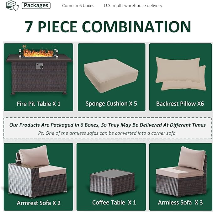 7 PCS Outdoor Patio Furniture Set,Outdoor Sectional Furniture with 43" 55000 BTU Gas Propane Fire Pit Table,All Weather PE Rattan Wicker Patio Conversation Set,Sand