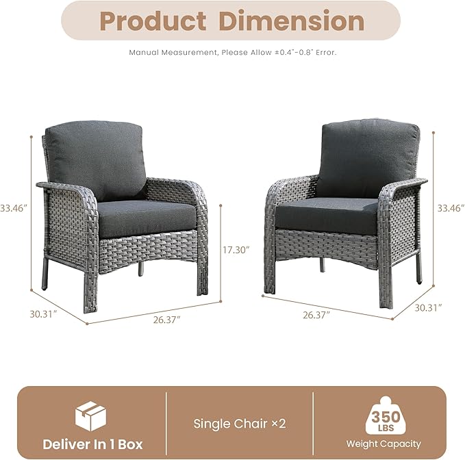 2 PCS Outdoor Patio Furniture Set with Thickened Cushions, All-Weather Rattan Wicker Outdoor Conversation Set for Porch,Backyard,Balcony,Black