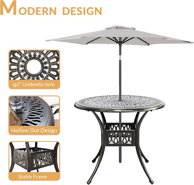 Outdoor Cast Aluminum Patio Table, 35.4” Round Bistro Table with 2” Umbrella Hole for Patio Furniture Garden Deck Backyard