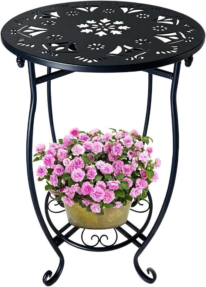 Fashion&cool 25" Outdoor Side Table, 2-Tier Round Metal Patio End Table, Heavy Duty Rust-Proof Coffee Table for Outside, Space Saving Balcony Sofa Small Table for Living Room Garden Deck, Black