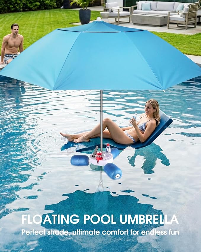 Floating Pool Umbrella 6.6ft - Portable UV Sun Shade Canopy with 3 Drink Holders, Stability Anchor Bag & Secure Floating Design - In-Water Use for Swimming Pools, Lakes, Beach and Outdoor Leisure
