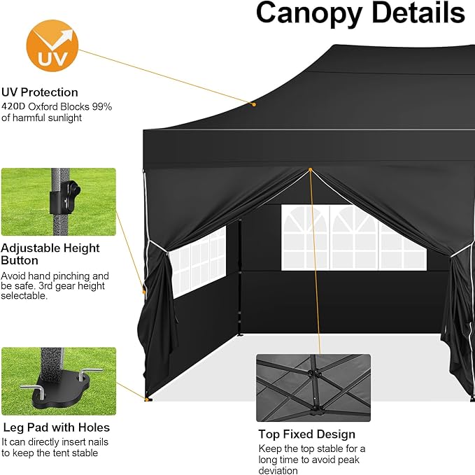 COBIZI 10x20 Pop up Canopy Tent 10x20 Canopy with 6 Sidewalls Waterproof Heavy Duty Commercial Canopy Tent for Parties Outdoor Garden Gazebo, Carry Bag with Wheel(10x20ft,Space Black)