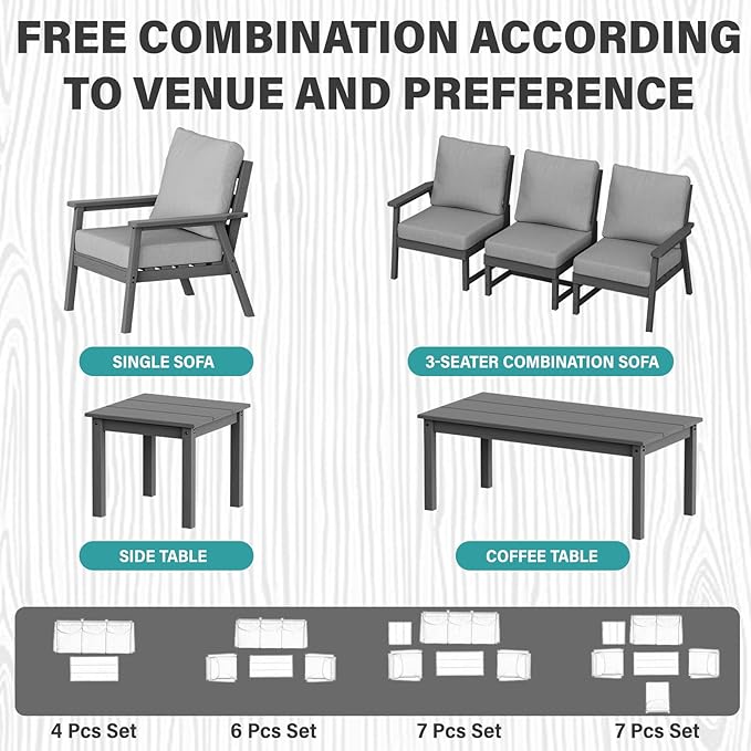 LOUNZY HDPE Patio Furinture Set, 6 Piece Sectional Sofa Outdoor Furniture Set, All Weather Outdoor Couch Set Patio Conversation Set for Deck, Lawn, Grey