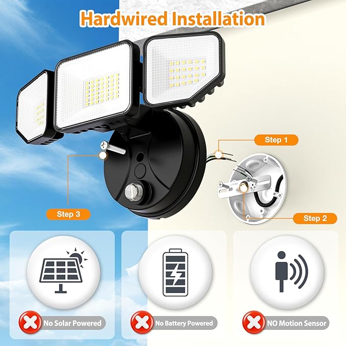 65W Dusk to Dawn Flood Lights Outdoor, 6500LM LED Outdoor Light, IP65 Waterproof, 6500K Daylight, 3 Adjustable Heads LED Security Light with Photocell for Yard Garage Porch Black