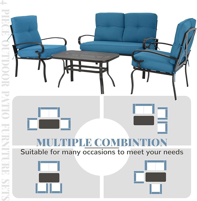 Incbruce 4Pcs Outdoor Metal Furniture Sets Wrought Iron Patio Furniture Conversation Set (Loveseat, Coffee Table, 2 Chairs) - Steel Frame Patio Seating Set with Peacock Blue Cushions