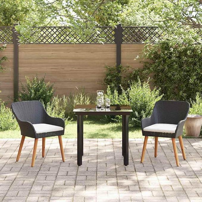 Garden Dining Set with Cushion 3 Pcs Black Poly Rattan Outdoor Patio Bistro Table Chairs Weatherproof Stackable for Deck Yard Porch