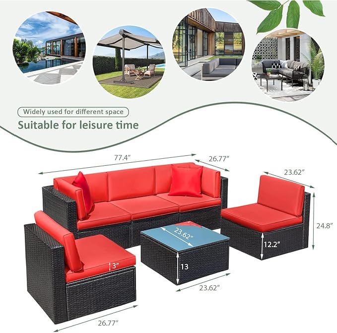 Devoko Patio Furniture Sets 6 Pieces Outdoor Sectional Rattan Sofa Manual Weaving Wicker Patio Conversation Set with Glass Table and Cushion (Red)