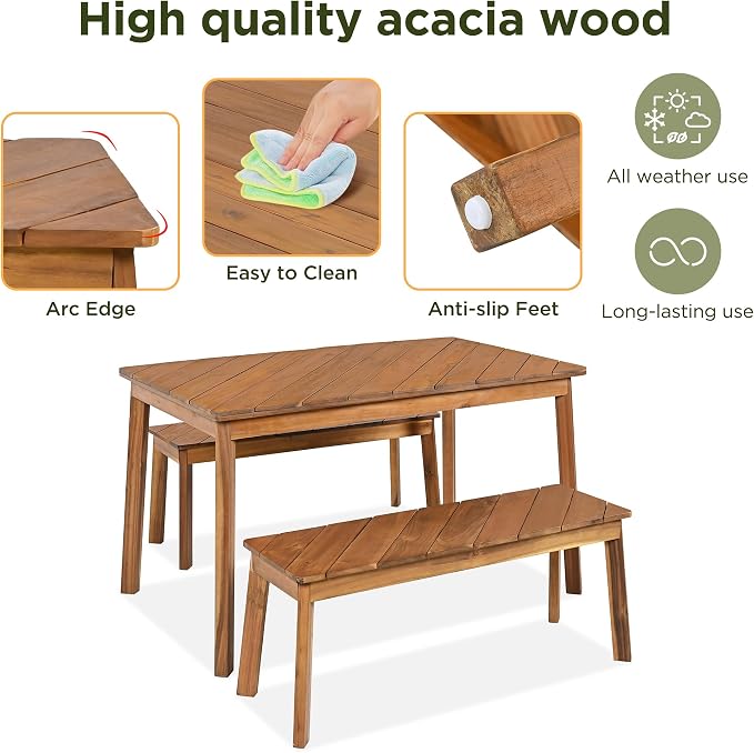 LUMISOL 3 Pieces Acacia Wood Table Bench Dining Set for Outdoor Indoor, Patio Dining Table with 2 Benches, Picnic Beer Table for Patio Porch Garden Poolside, Natural