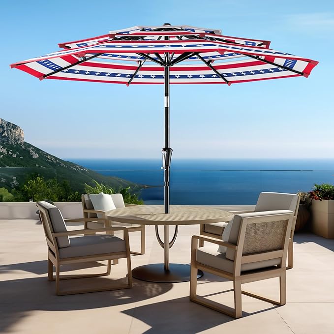HOMSHADE 9FT 3-Tiers Outdoor Patio Umbrella with 5-Year Fade Resistant,Vented Outdoor Commercial Market Umbrella with UPF50+ UV Protection & Push Button Tilt and Crank for Pool,Backyard(NO Base)