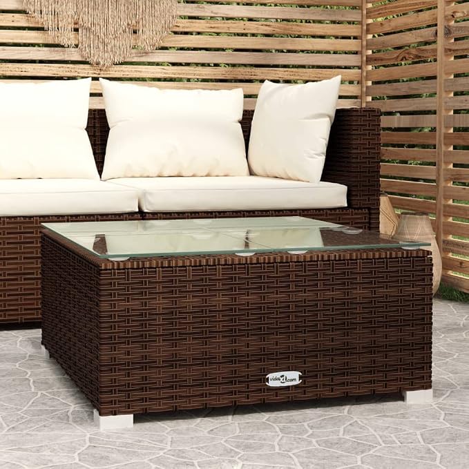Square Garden Coffee Table 23.6x23.6x11.8 in Brown PE Rattan & Tempered Glass Top Modern Outdoor Side Table Lightweight Patio Accent for Balcony Living Room and Sunroom