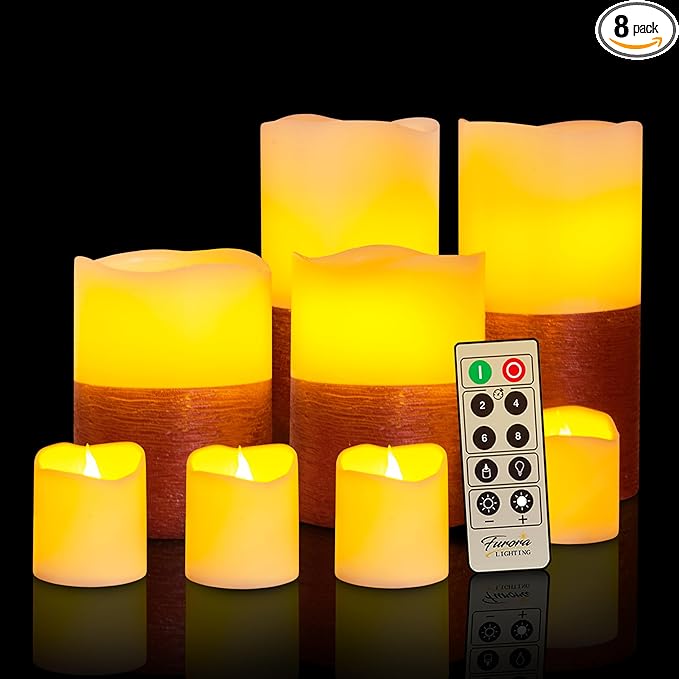 FURORA LIGHTING Red Real Wax Trim Candles with Remote and Timer, Pack of 8 Pillar & Votive Candles, LED Flameless Flickering Candles for Home Décor, Battery Included