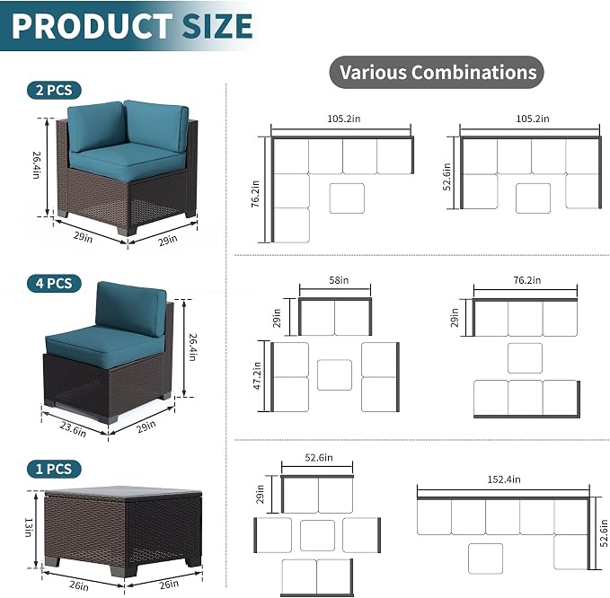 SHGJ&SOFT 7 Piece Outdoor Patio Furniture Set, All-Weather Rattan Wicker Modular Sectional Sofa Set with Water-Resistant Cushions&Tempered Glass Table for Backyard Poolside(Peacock Blue,7pcs)