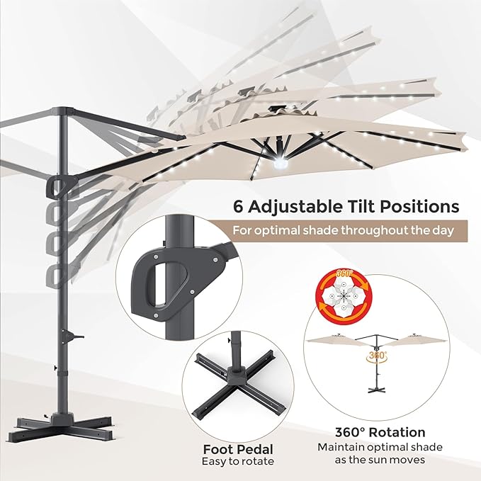 Tangkula 10ft Patio Umbrella with Solar Lights, Offset Cantilever Square Outdoor Umbrella with 35 LED Lights, Aluminum Pole, 360 Degree Rotation, Tilt Adjustment, Air Vent for Pool Deck Yard (Beige)